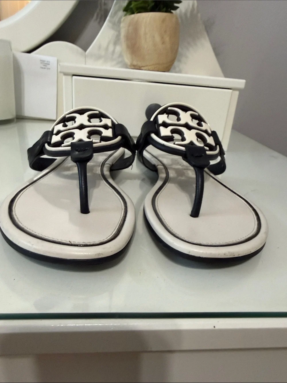 Tory Burch Black and off white Miller  Logo Thong Sandals